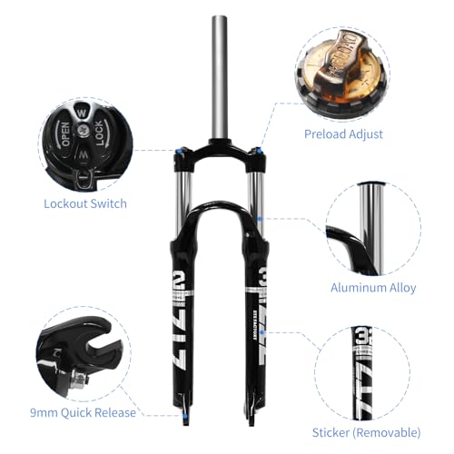 B Bolany 26/27.5/29 MTB Suspension Fork, Aluminum Alloy Shock Absorber XC Mountain Bike Front Fork-100mm Travel, 9mm QR， 28.6mm Straight Tube,Manual Lockout (Black, 26 inch) - Thumbnail 2