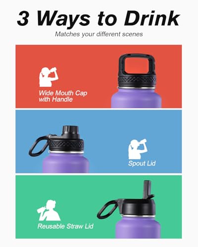 Image of Coolflask 40 oz Water Bottle Insulated with Straw & 3 Leakproof Lids