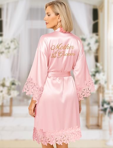 Image of EPLAZA Bride Robe for Wedding Day Set Bridal Robe Lace Trim Silky Embroidery Satin Kimono for Bridal Party