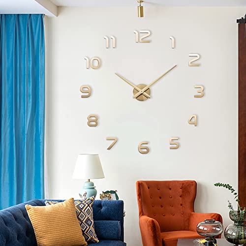 Image of Large DIY Wall Clock, 3D Mirror Number Stickers Large Wall Clock Kit Mute Frameless Modern Design for Home Living Room Bedroom Office Decoration-Gold 002