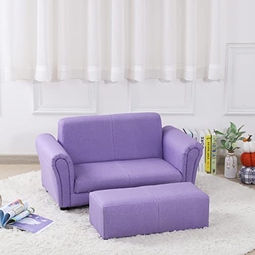 Yoonnie Room 2-Seater Kid Couch With Big Ottoman,Kid Sofa Chair With Linen Fabric,Children Sofa Couch For 0-3 Age Kid Gift,Purple #TOP4