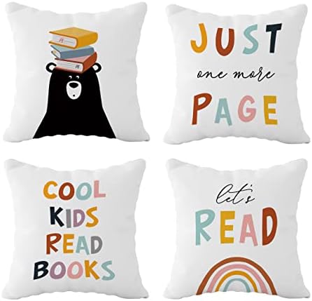 FULSOE Cool Kids Read Books Colorful Art Throw Pillow Case Cover 18"x18" Set of 4,Motivational Quote Book Decorations for Home Kids Bedroom Nursery Playroom,Gifts for Kids Teens Book Lovers