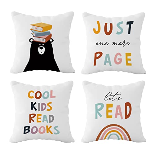 Fulsoe Cool Kids Read Books Colorful Art Throw Pillow Case Cover 18"X18" Set Of 4,Motivational Quote Book Decorations For Home Kids Bedroom Nursery Playroom,Gifts For Kids Teens Book Lovers #TOP4