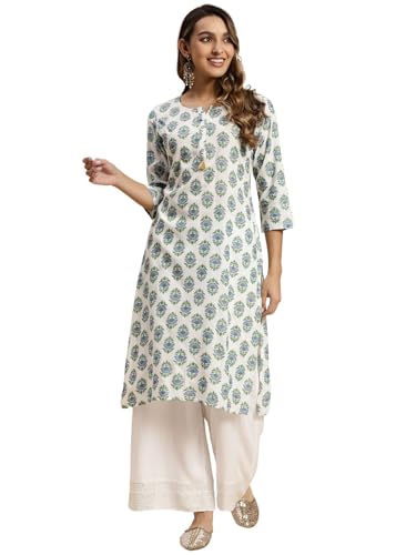 Image of rangita White Rayon Calf Length Printed A-line Kurti for Women | Kurta for Women