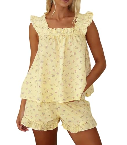 Image of ROAONOCOMO Women Floral Pajama Set Ruffle Babydoll Cami Top Coquette Pj Set Gingham 2 Piece Shorts Outfit Bridal Loungewear