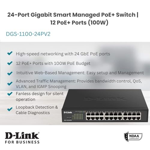 Image of D-Link 24-Port Gigabit Smart Managed PoE+ Switch | 12 PoE+ Ports (100W) |L2|VLANs|Cable Diagnostics | Web Managed | Desktop or Rackmount | Fanless | NDAA Compliant | Lifetime Warranty (DGS-1100-24PV2)