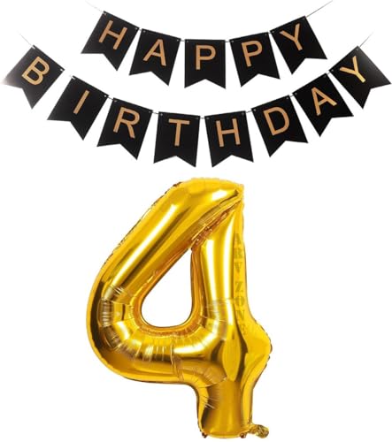 32 inch Giant Gold 4 Number Balloons & Black Happy Birthday Banner, 4th Birthday Decorations with Bunting Banner & 4 Number Foil Balloons Large for Girl Boy Birthday Party (HBD 4)