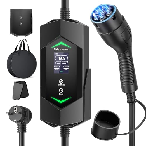 EVJUICION Chargeur Voiture Electrique 3,68kW [6/8/10/13/16A], 6M Cable Recharge Voiture Electrique Type 2 avec Support Mural et Grand écran LED, 0-12H Charge Temporisée, EV Chargeur Type 2 avec Sac