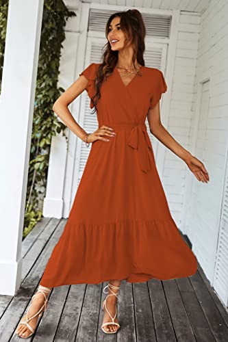 PRETTYGARDEN Women's Summer Floral Boho Maxi Dress Wrap Short Sleeve V Neck Ruffle A-Line Flowy Wedding Guest Long Dresses