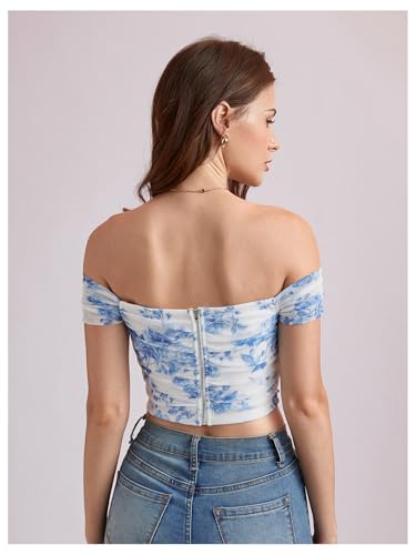 Image of Floerns Women's Off Shoulder Short Sleeve Asymmetrical Hem Ruched Corset Crop Top