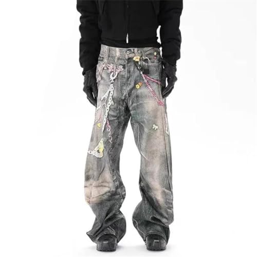 Men's High Street Jeans, 3D Chain Printing Contrast Color, Casual Straight Leg Wide Leg Denim2