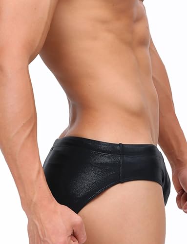 Panegy Men's Shiny Faux Leather Swim Briefs Contour Pouch Bikini Underwear Drawstring Swimwear with Pad4