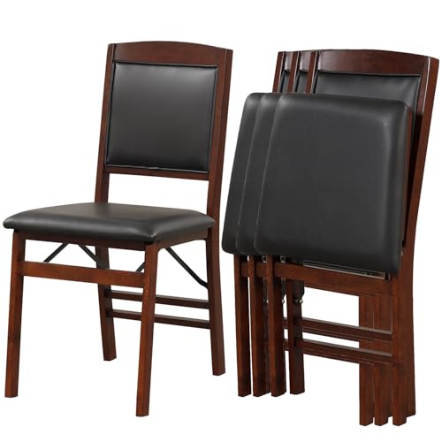 Image of COSTWAY Folding Dining Chairs Set of 4, Wooden Kitchen Side Chairs w /Padded Seat, Solid Wood Frame, 400 LBS Load Bearing, No Assembly Needed, Vintage Foldable Chairs for Dining Living Room, Brown