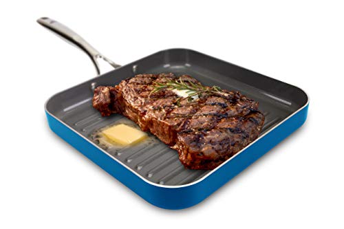 Eazy Mealz Square Non-Stick Grill Pan For Stove, Light Weight, Perfect Grill Marks, Oven Safe Up To 500 Degrees, Large, 10.5" Blue #TOP5