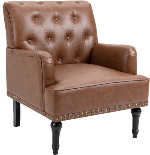 MOJAY Mid-Century PU Leather Accent Chair, Living Room Lounge Sofa Chair with Black Painted Rubber Wood Feet, Single Club Armchair with Rivet Trim for Bedroom Home Reception (Brown)