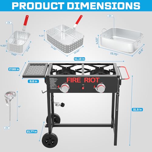 Image of FIRE RIOT Outdoor Propane Deep Fryer, 2x18QT Aluminum Pots & Frying Baskets, Double Burners Commercial Fryer, Perfect for fish fryers, Wings, Fries, Cajun Fry, 100,000 BTU