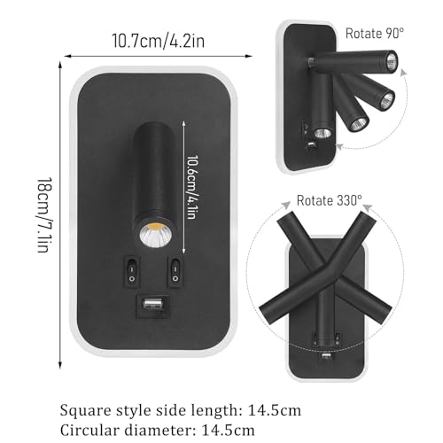 Apliques de pared LED negros con USB e interruptor para dormitorio 2