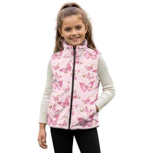 Rarucativ Pink Butterfly Girls Sleeveless Vests 2T Fashion Zipper Winter Quilted Sleeveless Jacket with Pockets Thick Washable Full-Zip Fall Winter Outerwear for Outdoor Activities