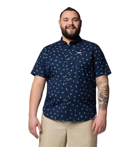 Columbia Camisa de manga corta estampada Rapid Rivers para hombre, Collegiate Navy Deserted, Large
