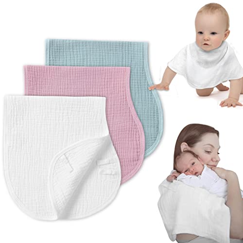 Image of COTTONBEBE Muslin Burp Cloths with Snaps, Multi-Use Burpy Bib 100% Natural Cotton，Large 22"X11" Extra Absorbent Burping Cloth for Baby Girl & Boy, White Pink Blue