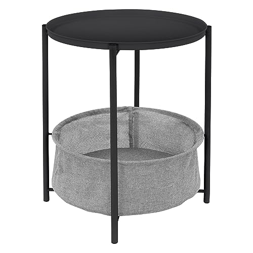 ML-Design Mesa Auxiliar Redonda Ø 46 x AL 51 cm Antracita de Metal Mesita de Centro con Cesta de Tela y Bandeja Extraíble Velador con Almacenamiento Mueble de Diseño Moderno Mesilla de Noche Pequeña