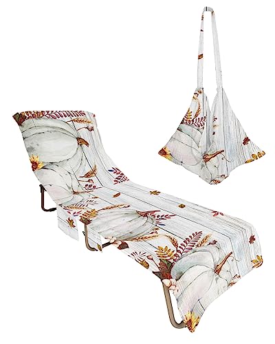 White Pumpkin Beach Chair Towel Covers for Chaise Lounge with Side Pocket, Soft Plush Pool Towels Cover for Patio Sunbathing Outdoor 29''x85'' Thanksgiving Fall Sunflower Wheat Wood Grain
