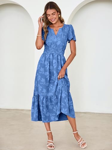 Image of Simplee Womens Summer Boho Maxi Dress Semi Formal Wedding Guest Short Sleeve V Neck Empire Waist Floral Long Dresses