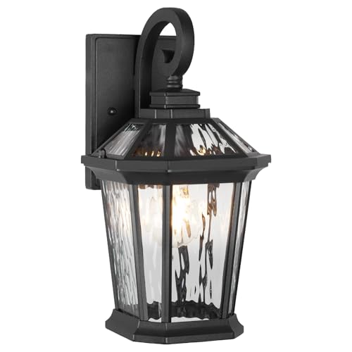 Image of JYZ Outdoor Wall Light Lantern, 14 inch Modern Exterior Wall Sconce with Hammered Water Ripple Glass, Waterproof Anti-Rust Matte Black Outside Lighting Fixture for Front Door, Porch, Garage, Patio