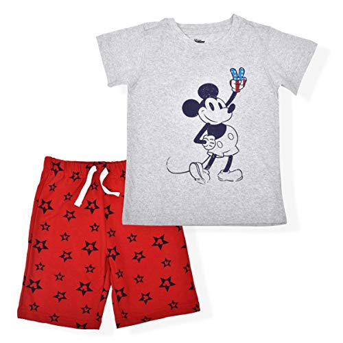 Disney Mickey Mouse Boy's 2-Piece Short Set with Crewneck T-Shirt and Star Print Shorts, Light Grey/Red, Size 7