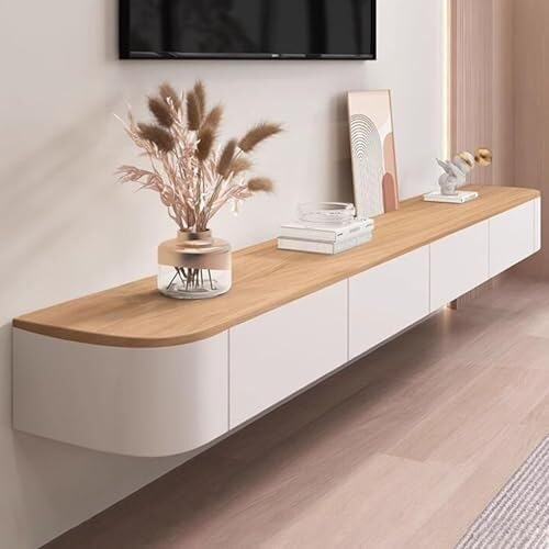 Meuble TV flottant blanc moderne console bois massif salon