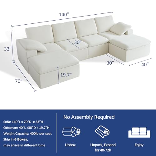 Image of 140 inch Cloud Sectional Couches for Living Room, Boneless U Shaped Couch | Convertible L Shaped Sofa Bed with Ottoman, No Assembly, 6 Seater Modular Sectional Sofa, Warm White