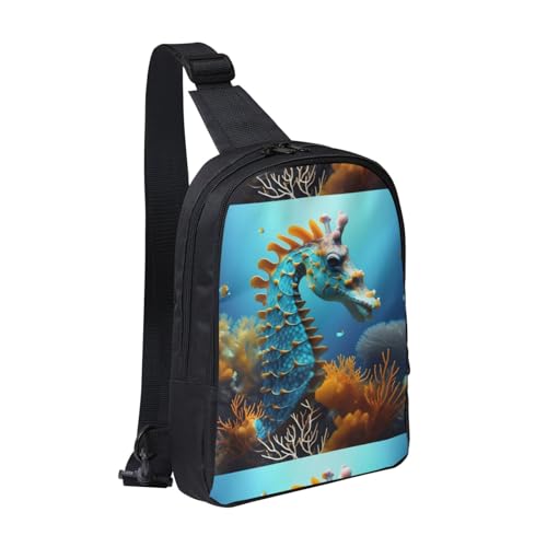 Blue Seahorse Adjustable Strap Large Capacity Double Layer Crossbody Chest Bag 7.7x2.4x11.8in For Camping Travel Daily Leisure Activities