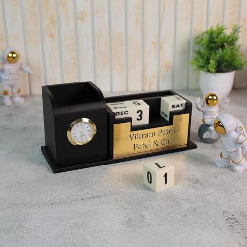 Image of EpicLane Wooden Pen Holder with Clock, Infinity Calendar, Visiting Card Holder & Mobile Stand | Desk Organizer (Infinity - Black)