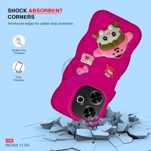 Image of AESTMO Back Case Cover for Redmi 13 5G | 3D Cute Fun Cartoon Characters | Anti Slip Grip Cute Wave Curly Frame Shape | Full Body Protection | Camera Protection Back Cover for Redmi 13 5G (Pink)