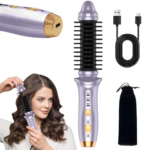 Cordless Hot Brush for Short Hair - Heated Round Brush & Thermal Curling Iron for Women, USB Rechargeable Mini Hair Straightener Portable Curling Brush, Curly & Straight Hair Travel Heat Styling Tool（Purple）