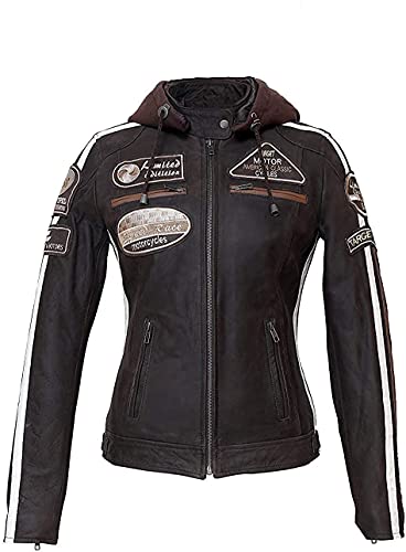 Chaqueta de cuero para mujer con capucha para motociclista, piel de cordero y motociclista, color negro, marrón, 3XL Cover