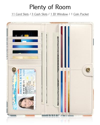 Nipichsha Womens Wallet, RFID Slim Wallets for Women, Thin Ladies Credit Card Holder Purse, Cute Leather Bifold Clutch Billfold with 11 Card Slots & ID Window, Abstract Boho Leaf2
