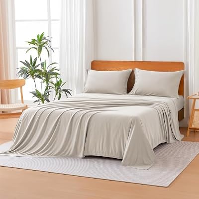 Amazon Basics Jersey Knit 4-Piece Sheet Set, Wrinkle Resistant and Easy Fit, Includes 16" Deep Pocket Fitted Sheet, 1 Flat Sheet and 2 Pillowcases, Queen, Beige