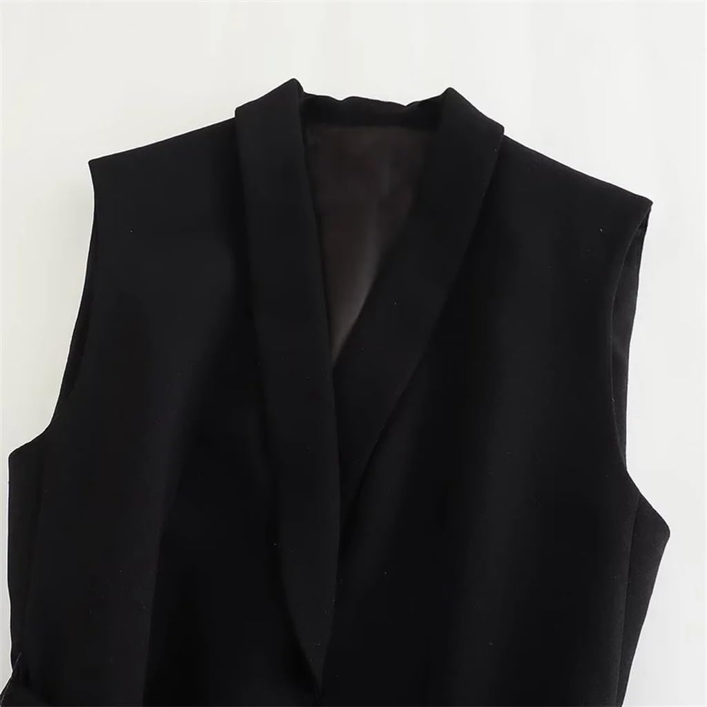 Elegant Women's Dress with Belt Sleeveless Vest a Set of Two Casual Handsome Sleeveless Jackets(Large)