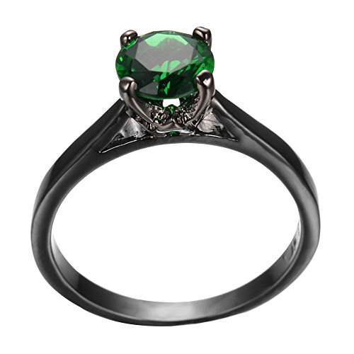 Junxin Round Shaped Emerald Green May Birthstone Solitaire Ring Black Gold Plated Size6/7/8/9/10(6) #TOP29