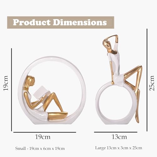 Image of Kuber Industries Resin Sitting Ring Girl Sculpture Idol | Reading Girl Statue Ornaments for Home /Office /Living Room /Table /Bookshelf /Desk | White & Golden