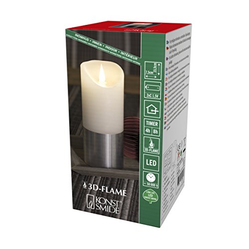Candela a batteria luce vivente 3D fiamma mobile tremolante a vera cera funzione timer 4 o 8 ore dettagli argentati 15.5 cm di altezza x 7.5 cm bianco caldo