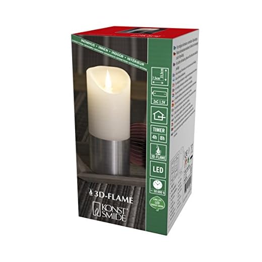 Konstsmide Batteriljus/3D levande ljus/batteridriven flimrande rörlig låga/äkta vax/4 eller 8 timmars timerfunktion / silverdetalj/20,5 cm hög x 7,5 cm/varm vit