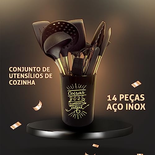 Kit Para Cozinha 14 Peças Utensílios De Silicone Antiaderentes Com Cabos De Aço e Nylon, Suporta Tem
