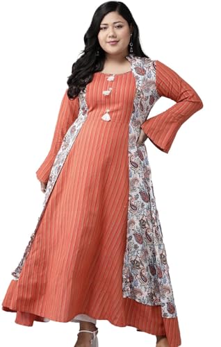 Image of Yash Gallery Women's Rayon Relaxed Fit Anarkali Shrug Style Printed Embroidered Kurta