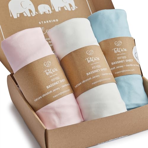 Image of TotCare Bassinet Fitted Sheets Compatible with Halo Bassinest Swivel Sleeper Mattress - Buttery Soft, Silky Comfort, Premium Stretchy Jersey Knit Bassinet Sheets - Sky + Pale Pink + Cloud, 3 Pack