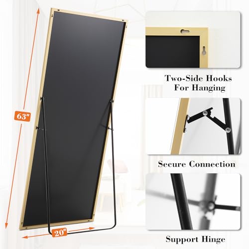 DUMOS 63"x20" Full Length Mirror with Stand Floor Free Standing Aluminum Frame for Bedroom Body Hanging Leaning Modern Simple Home Decor Shatter-proorf Nano Glass Wall, Gold-Rect Edge