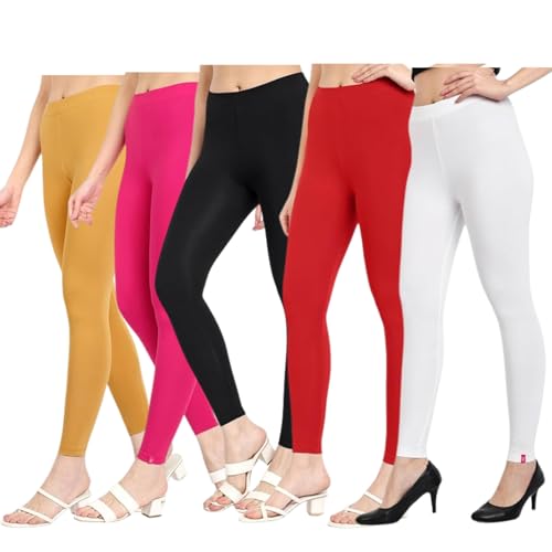 Image of Twinstar T2 Ankle Length Stretchable Cotton Blend Leggings for Women | 180 GSM | Mid-Waist Design | Pack of 5 | Colors - (Gold, Pink, Black, Red, White)