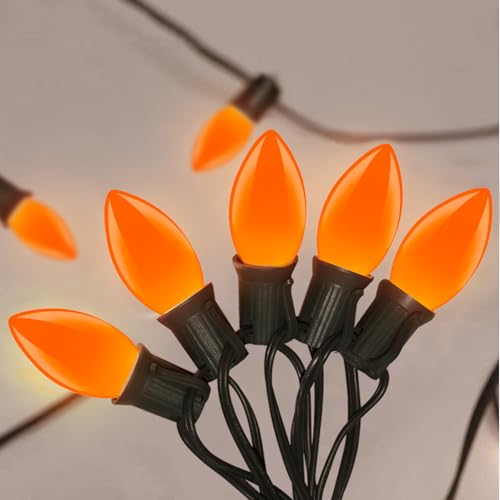 Image of C9 LED Orange Halloween String Lights 25Ft Outdoor Christmas Decorations Lights with 26 LED Shatterproof Orange Bulbs, Hanging Christmas Lights for Outdoor Patio Roofline Backyard Party Garden Lawn