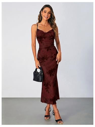 Image of SOLY HUX Women's Floral Mesh Bodycon Cami Dress Cowl Neck Sleeveless Cocktail Party Wedding Guest Long Maxi Dresses